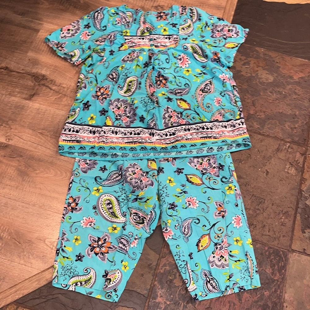 Pajamas set blue lime pink SHIRT PANTS 2xl paisley flowers 05885, lounge wear 2X